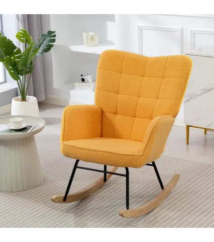 Silla Mecedora de Borreguito Sillón Balancín Oscilante 40° con Patas de Madera de Haya Carga 120 kg 71x98x101cm Amarillo