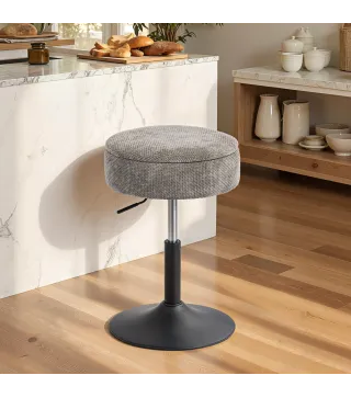 Taburete de Bar con Almacenaje Altura Ajustable Taburete de Cocina Redondo Giratorio Tapizado en Chenilla Gris