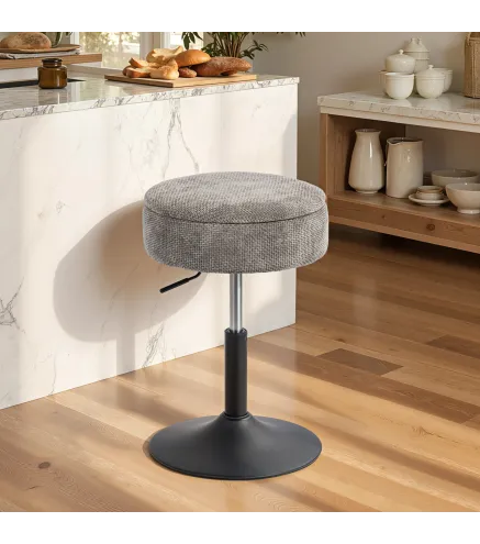 Taburete de Bar con Almacenaje Altura Ajustable Taburete de Cocina Redondo Giratorio Tapizado en Chenilla Gris