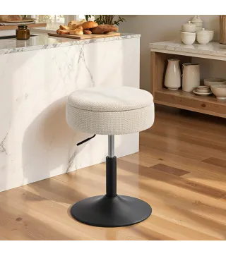 Taburete de Bar con Almacenaje Altura Ajustable Taburete de Cocina Redondo Giratorio Tapizado en Chenilla Beige