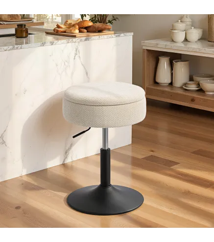 Taburete de Bar con Almacenaje Altura Ajustable Taburete de Cocina Redondo Giratorio Tapizado en Chenilla Beige
