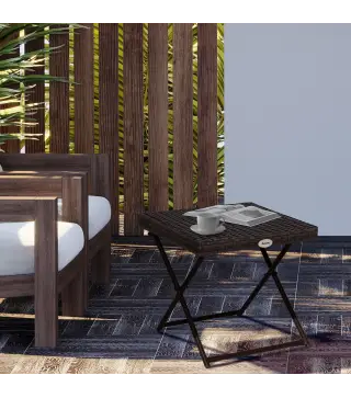 Mesa de Terraza Exterior de Ratán PE Plegable con Patas Cruzadas y Marco de Acero para Patio Balcón 40x40x40 cm Marrón
