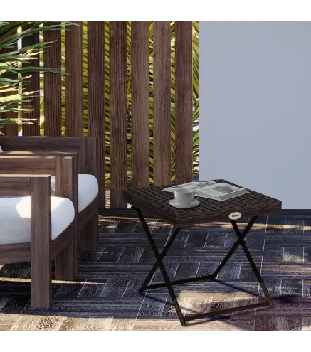 Mesa de Terraza Exterior de Ratán PE Plegable con Patas Cruzadas y Marco de Acero para Patio Balcón 40x40x40 cm Marrón