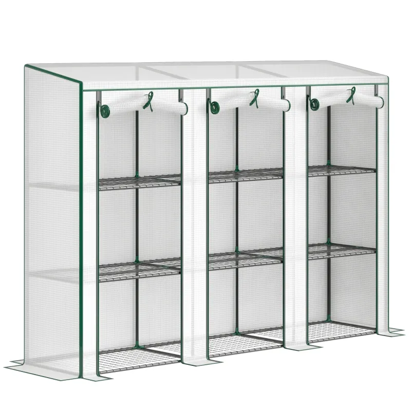 Invernadero de Exterior de 3 Niveles con Puerta Enrollable con Cremallera 9 Estantes Cubierta de PE 215x46x151cm Blanco