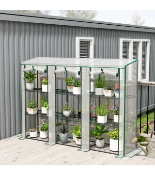 Invernadero de Exterior de 3 Niveles con Puerta Enrollable con Cremallera 9 Estantes Cubierta de PE 215x46x151cm Blanco