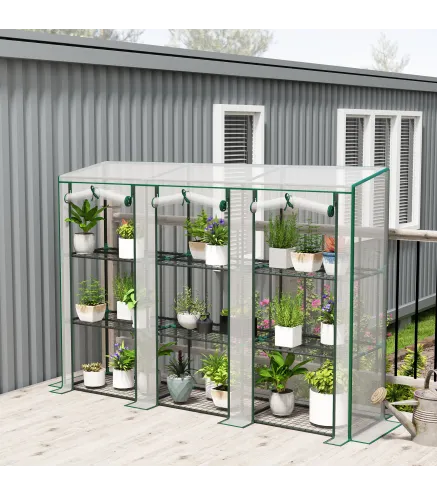 Invernadero de Exterior de 3 Niveles con Puerta Enrollable con Cremallera 9 Estantes Cubierta de PE 215x46x151cm Blanco