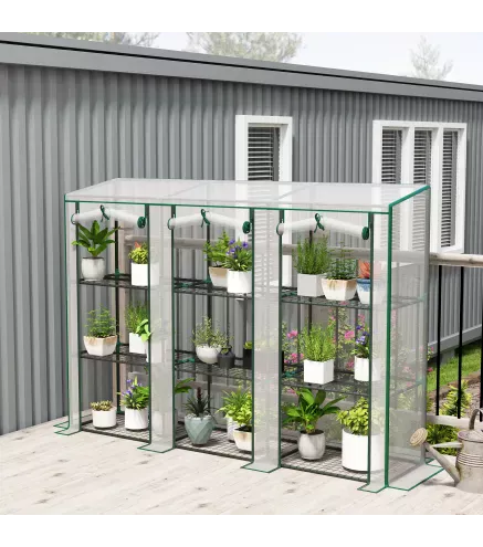 Invernadero de Exterior de 3 Niveles con Puerta Enrollable con Cremallera 9 Estantes Cubierta de PE 215x46x151cm Blanco