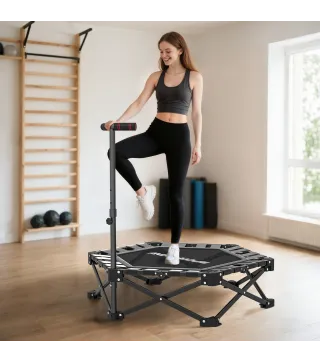 Trampolín de Fitness Plegable 104 cm con Barra Ajustable en 3 Alturas Marco Metálico Reforzado y Bolsa 104x104x114 cm