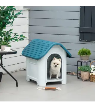 Caseta para Perros Mini para Uso Interior y Exterior con respiraderos Estilo Cabaña Resistente 59x75x66 cm Azul y Gris