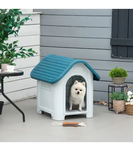Caseta para Perros Mini para Uso Interior y Exterior con respiraderos Estilo Cabaña Resistente 59x75x66 cm Azul y Gris