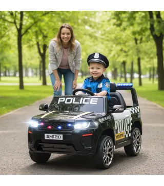 Coche Eléctrico para Niños de Policía con Mando a Distancia Motor Doble Sirena Suspensión en 4 Ruedas y Faros Negro