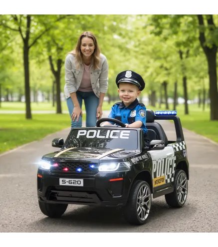 Coche Eléctrico para Niños de Policía con Mando a Distancia Motor Doble Sirena Suspensión en 4 Ruedas y Faros Negro