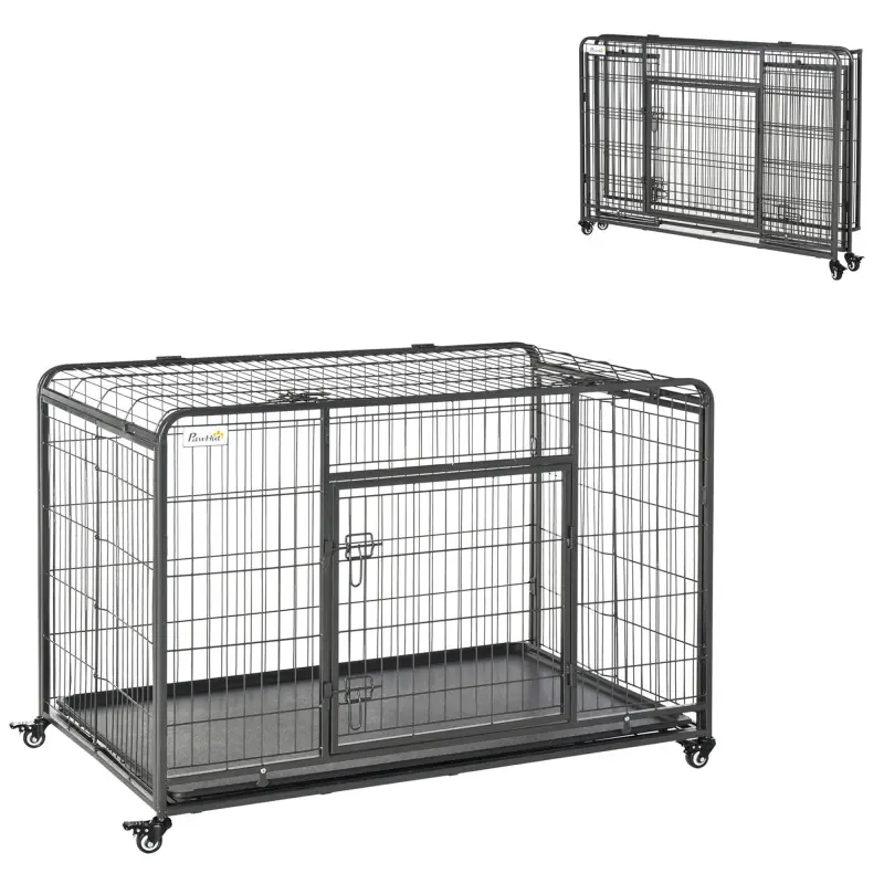 Jaula para Perros Plegable de Metal Jaula para Perros Grandes 125x76x81 cm con Ruedas y Frenos Bandeja Extraíble y Puerta con Pe