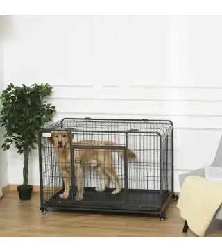 Jaula para Perros Plegable de Metal Jaula para Perros Grandes 125x76x81 cm con Ruedas y Frenos Bandeja Extraíble y Puerta con Pe