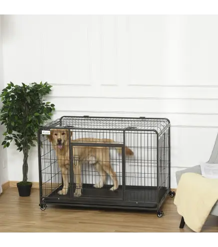 Jaula para Perros Plegable de Metal Jaula para Perros Grandes 125x76x81 cm con Ruedas y Frenos Bandeja Extraíble y Puerta con Pe