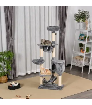 Torre para Gatos 154 cm con Plataformas Túnel Hamaca y Postes de Rascado de Sisal 60x40x154 cm Gris
