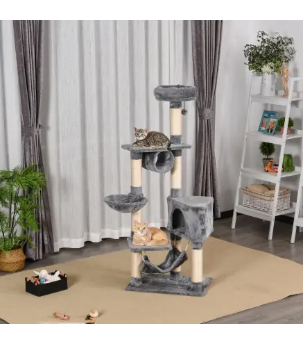 Torre para Gatos 154 cm con Plataformas Túnel Hamaca y Postes de Rascado de Sisal 60x40x154 cm Gris