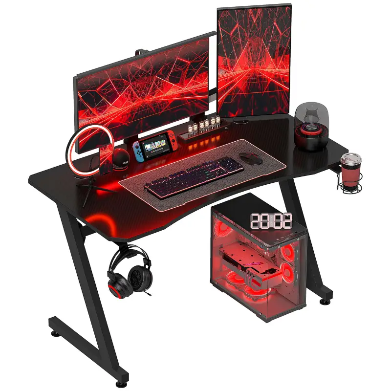 Mesa Gaming 120x65x74,5 cm Escritorio Ergonómico Gaming desk para Computadora PC con Portavasos Gancho para Auriculares y Pies A