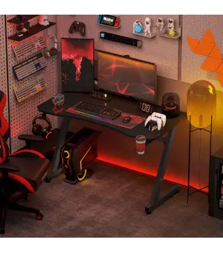 Mesa Gaming 120x65x74,5 cm Escritorio Ergonómico Gaming desk para Computadora PC con Portavasos Gancho para Auriculares y Pies A