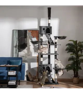 Árbol para Gatos de Suelo a Techo de 240-260 cm con Altura Ajustable Múltiples Plataformas Cuevas Cestos y Rampas Gris