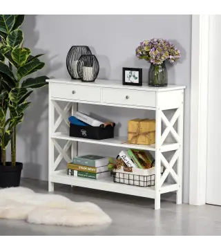 Mesa Consola de Entrada Recibidor con 2 Cajones y 2 Estantes Inferiores Mueble Moderno Base Elevada Antivuelco 100x30,5x80 cm Bl
