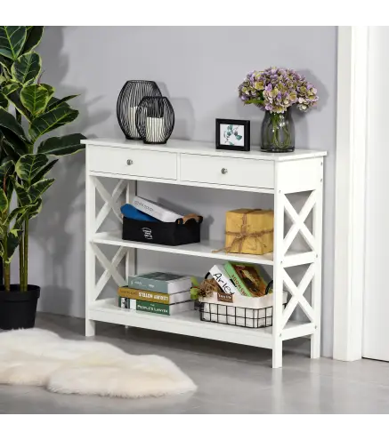 Mesa Consola de Entrada Recibidor con 2 Cajones y 2 Estantes Inferiores Mueble Moderno Base Elevada Antivuelco 100x30,5x80 cm Bl