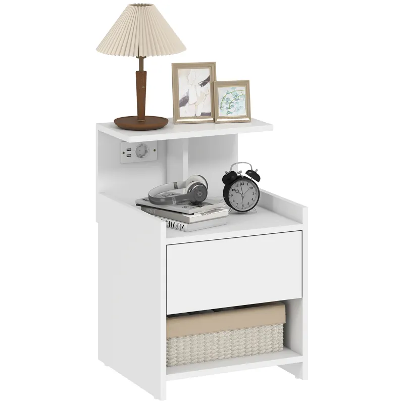 Mesita de Noche con Estación de Carga Puertos USB Cajón y Estantes Mesilla de Noche Dormitorio 40x40x60 cm Blanco
