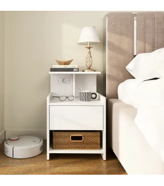 Mesita de Noche con Estación de Carga Puertos USB Cajón y Estantes Mesilla de Noche Dormitorio 40x40x60 cm Blanco