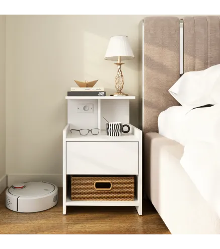 Mesita de Noche con Estación de Carga Puertos USB Cajón y Estantes Mesilla de Noche Dormitorio 40x40x60 cm Blanco