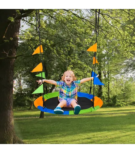 Columpio de Jardín Nido Ø100x120-180 cm Altura Ajustable con Cuerdas y Banderas para Niños y Adultos Carga 80 kg Interior y Exte