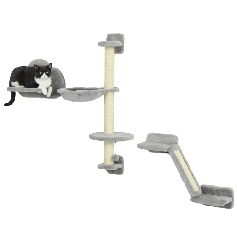 Juego de Pared de Escalada para Gatos de 3 Piezas con Hamaca Rampa con Rascador Plataforma en Forma de Nube Gris