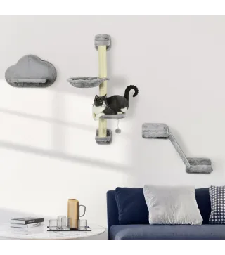 Juego de Pared de Escalada para Gatos de 3 Piezas con Hamaca Rampa con Rascador Plataforma en Forma de Nube Gris