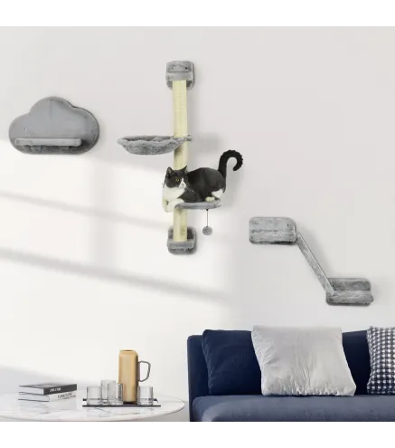Juego de Pared de Escalada para Gatos de 3 Piezas con Hamaca Rampa con Rascador Plataforma en Forma de Nube Gris