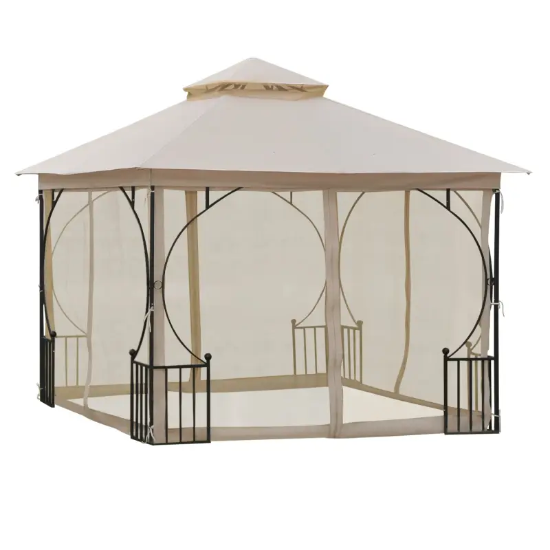Cenador de Jardín 3x3 m Gazebo con 4 Cortinas Laterales de Cremallera y Doble Techo con 8 Orificios de Drenaje Estilo Moderno pa