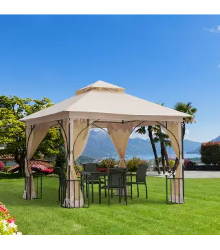 Cenador de Jardín 3x3 m Gazebo con 4 Cortinas Laterales de Cremallera y Doble Techo con 8 Orificios de Drenaje Estilo Moderno pa