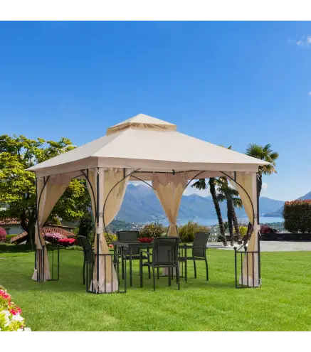 Cenador de Jardín 3x3 m Gazebo con 4 Cortinas Laterales de Cremallera y Doble Techo con 8 Orificios de Drenaje Estilo Moderno pa