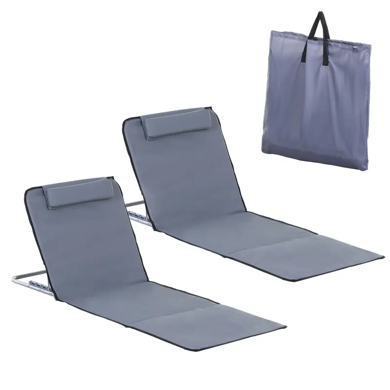 Conjunto de 2 Esterillas con Respaldo Reclinable en 5 Niveles Reposacabezas y Bolsa de Transporte 134x48x33-43 cm Gris