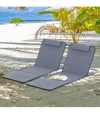 Conjunto de 2 Esterillas con Respaldo Reclinable en 5 Niveles Reposacabezas y Bolsa de Transporte 134x48x33-43 cm Gris