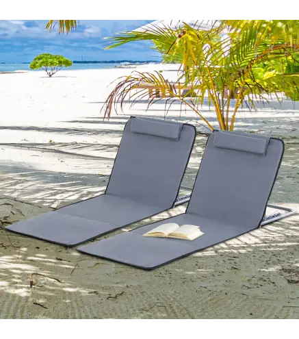 Conjunto de 2 Esterillas con Respaldo Reclinable en 5 Niveles Reposacabezas y Bolsa de Transporte 134x48x33-43 cm Gris
