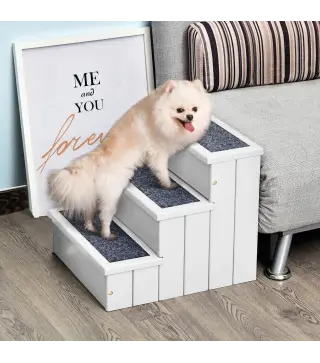 Escalera para Mascotas 3 Peldaños con Espacio de Almacenaje y Alfombra Antideslizantes Portátil Madera para Vehículo Carga 30 kg