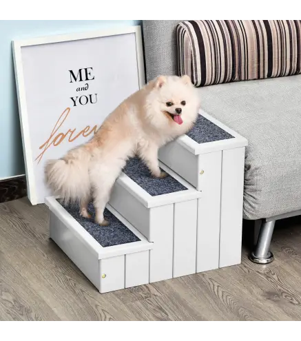 Escalera para Mascotas 3 Peldaños con Espacio de Almacenaje y Alfombra Antideslizantes Portátil Madera para Vehículo Carga 30 kg
