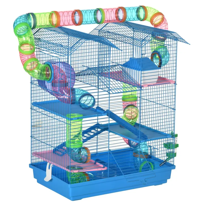 Jaula para Hámster de Múltiples Niveles con Tubos Plataformas Comedero Bebedero Casita Rueda Escaleras 47x30x59 cm Azul Jaula para Hámster de Múltiples Niveles con Tubos Plataformas Comedero Bebedero Casita Rueda Escaleras 47x30x59 cm Azul
