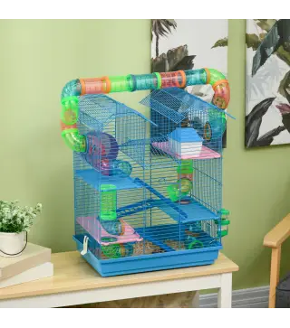 Jaula para Hámster de Múltiples Niveles con Tubos Plataformas Comedero Bebedero Casita Rueda Escaleras 47x30x59 cm Azul