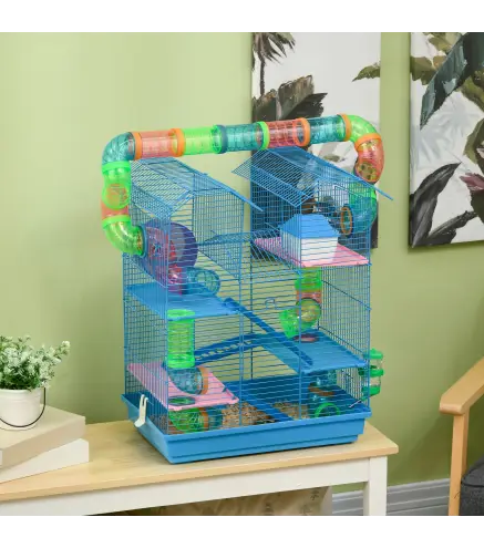 Jaula para Hámster de Múltiples Niveles con Tubos Plataformas Comedero Bebedero Casita Rueda Escaleras 47x30x59 cm Azul