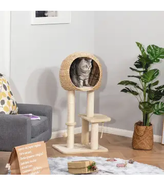 Árbol Rascador para Gatos 48x40x100 cm Torre de Escalada con Plataformas Caseta de Totora Bola y Cuerda de Juego Poste de Sisal