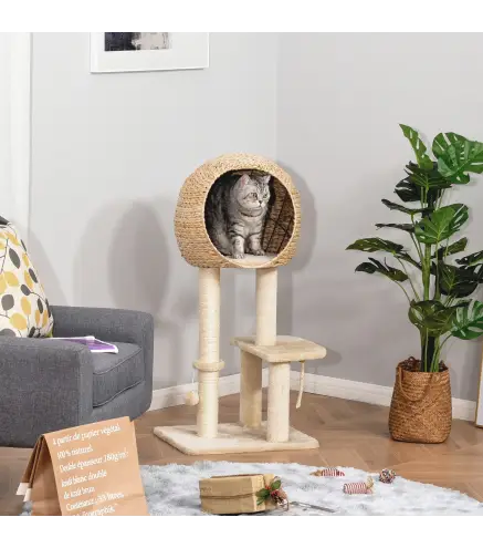 Árbol Rascador para Gatos 48x40x100 cm Torre de Escalada con Plataformas Caseta de Totora Bola y Cuerda de Juego Poste de Sisal
