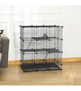 Jaula para Animales Pequeños Parque Modulable y Desmontable con 4 Puertas 6 Bandejas Extraíbles 111x75x119 cm Negro