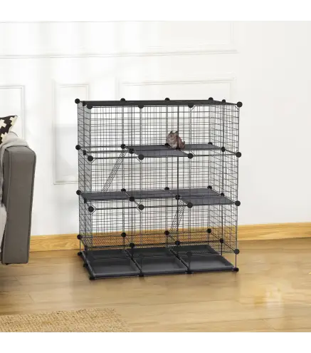 Jaula para Animales Pequeños Parque Modulable y Desmontable con 4 Puertas 6 Bandejas Extraíbles 111x75x119 cm Negro