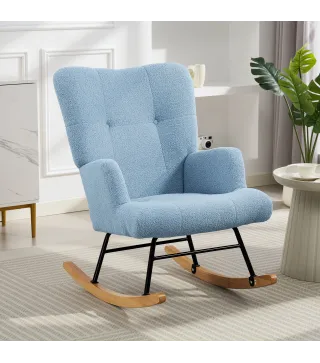 Silla Mecedora de Terciopelo de Teddy con Respaldo Alto Patas de Madera de Caucho Reposabrazos Azul Claro