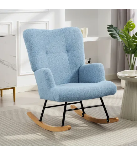 Silla Mecedora de Terciopelo de Teddy con Respaldo Alto Patas de Madera de Caucho Reposabrazos Azul Claro